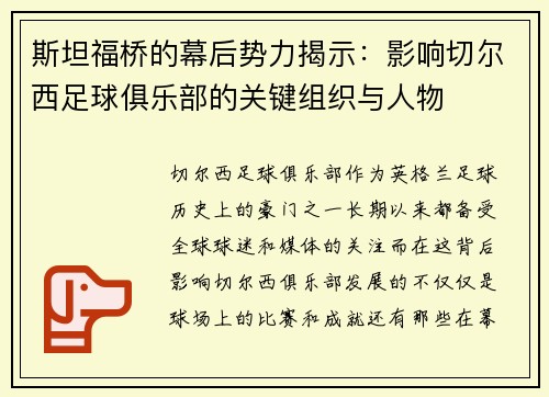 斯坦福桥的幕后势力揭示：影响切尔西足球俱乐部的关键组织与人物